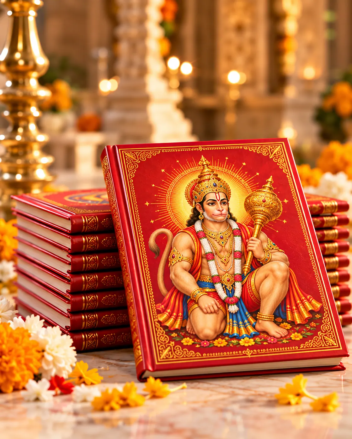 Hanuman Chalisa books arranged with flowers